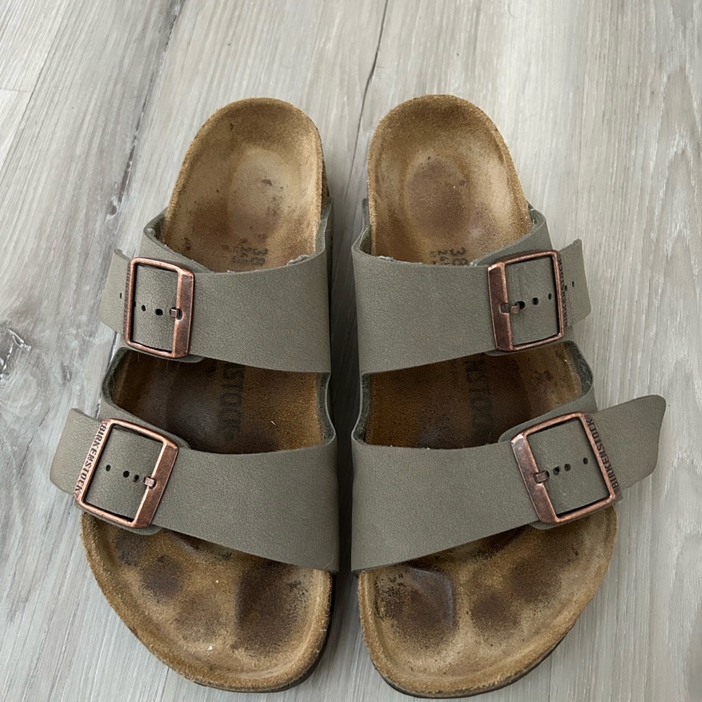 Birkenstock Arizona Taupe Sandals with Bronze Buckles